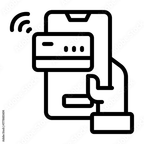 Hand holding credit card near smartphone for contactless payment transaction illustration