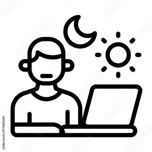 Digital Nomad Working Laptop Day Night Sun Moon Icon Illustration
