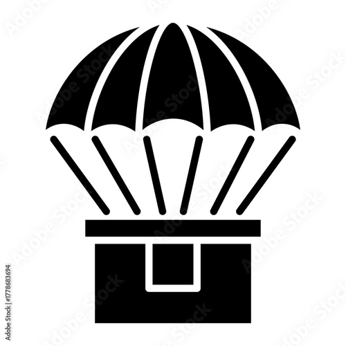 Black Silhouette Icon of a Parcel Dropping via Parachute on a White Background
