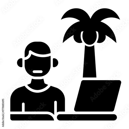 Stylized Person Working Remotely on Laptop Under a Palm Tree