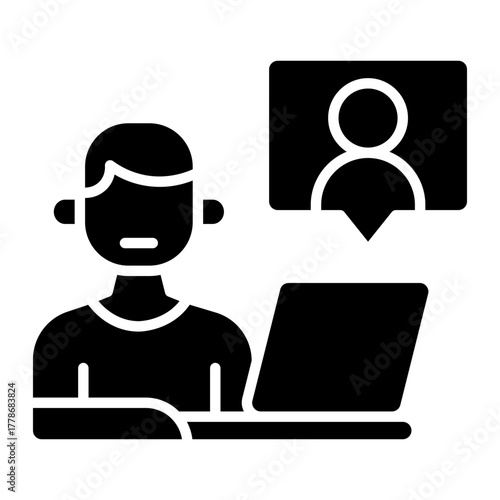 Man Working Remotely on Laptop with Video Conference Call Icon Above Screen