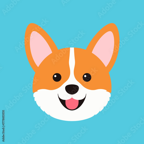 A cheerful cartoon illustration of a smiling Pembroke Welsh Corgi dog's head.
