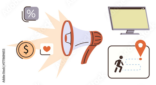 Megaphone amplifying icons representing finance, love, discounts, navigation, and technology. Ideal for marketing, advertising, e-commerce, communication targeting strategies audience engagement