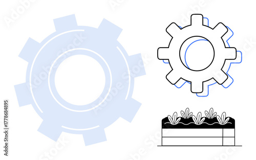 Mechanical gear alongside planter box with sprouting plants, combining industrial precision and natural growth. Ideal for innovation, sustainability, teamwork, progress, balance, development