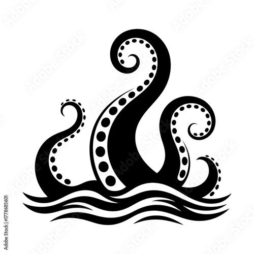 black and white silhouette vector of kraken tentacles rising from ocean waves symbolizing sea monster