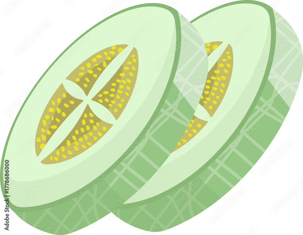 Fototapeta premium Two Fresh Green Melon Slices Illustration. Refreshing Fruit Cutout. Sweet Honeydew Summer Snack Vector.