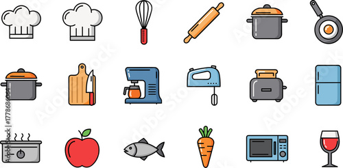 Set of colorful kitchen utensils and food icons for culinary design.