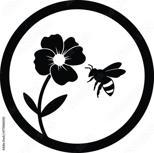 Vector bee flying to flower inside circle frame silhouette illustration