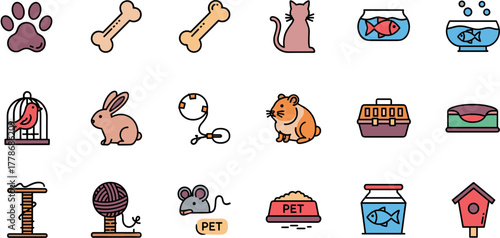 Set of colorful pet shop icons with various animals and supplies.