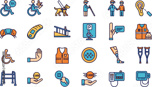 Colorful icon set representing disability and accessibility aids.