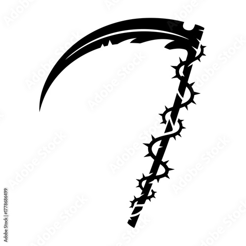black and white silhouette vector of grim reaper scythe wrapped with thorn vines gothic horror design