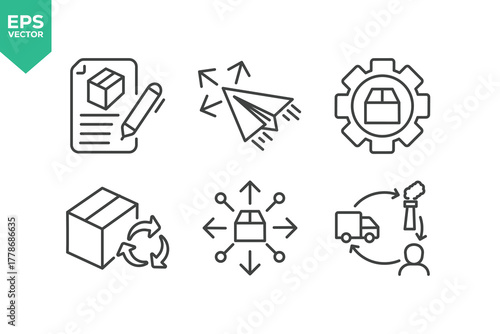 Set Of Product Development Icons. Contains such icons as Concept, Idea, Design, Strategy, Planning, Prototype, Teamwork, Innovation. stock illustration stock illustration
