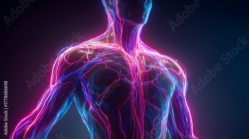 Human upper torso rendered with glowing circulatory system structures against a dark background