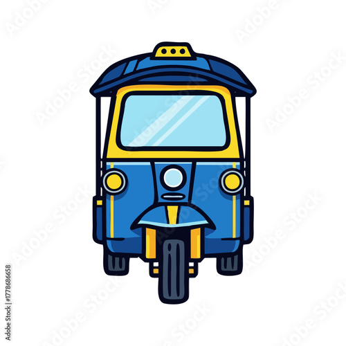 Illustration of a blue and yellow tuk-tuk, a three-wheeled vehicle.