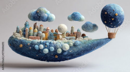 levitating galaxy-shaped fiber art, 3d miniature+clouds+city+balloon+basket