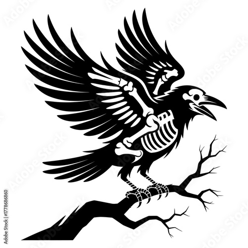 black and white silhouette vector of skeletal raven perched on branch symbolizing death mystery and night