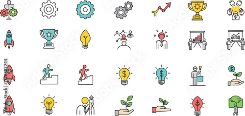 Collection of abstract colorful icons representing various achievements awards and symbols of success