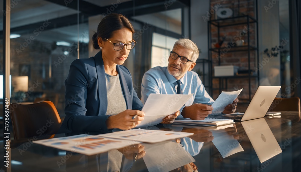 Fototapeta premium Two business people analyzing data charts and documents at modern office room, concept for financial reporting, strategic planning and collaborative teamwork, Chief Financial Officer analyzing