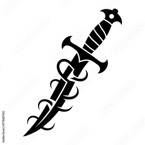 black and white silhouette vector of cursed dagger wrapped with  fantasy weapon design