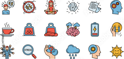 Colorful doodle icon set illustrating stress anxiety and mental health concepts for wellness and psychology.