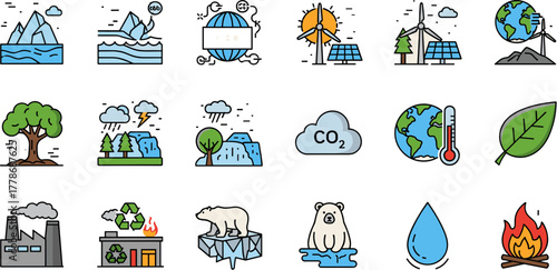 Colorful Hand-Drawn Climate Change and Ecology Icon Set.