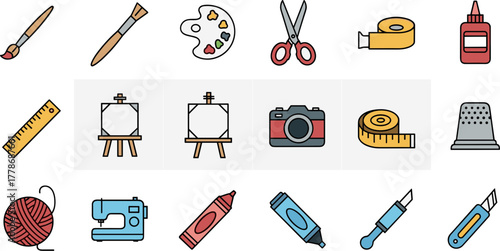 Colorful vector icon set of various arts and crafts supplies.