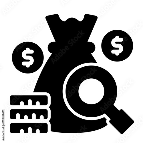 Money bag coins and magnifying glass finance concept