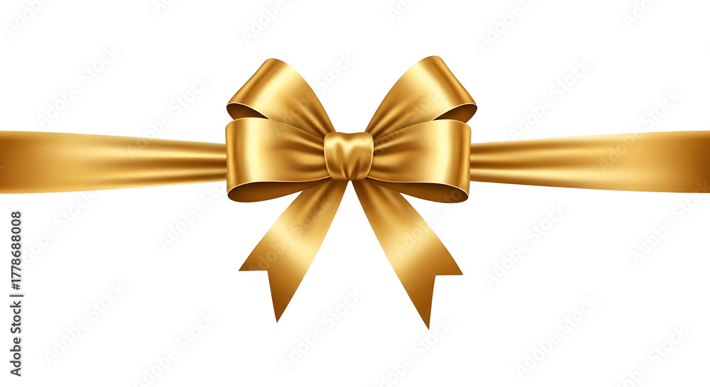 Fototapeta premium Elegant gold ribbon with decorative bow, luxury metallic satin gift wrap element, shiny golden silk border for premium invitations and holiday packaging isolated PNG with Transparent Background