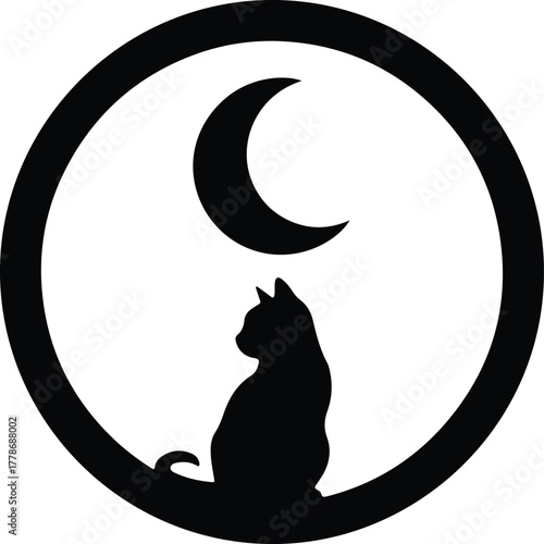 Vector black cat gazing at moon within circular frame silhouette illustration