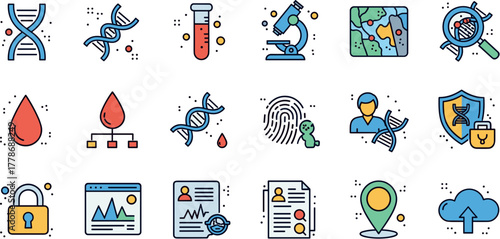 Colorful doodle icon set for genetics forensics and data security.