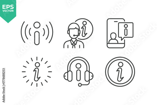 Set Of Information Line Icons. Contains such icons as Instruction, Privacy Policy, Info Center, Rule, Guide, Reference, Support, Manual, Help, and more. stock illustration