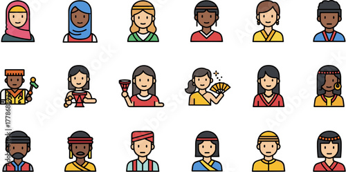 Collection of diverse multicultural people avatars and icons.