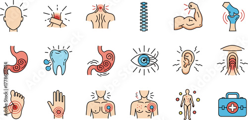 Hand drawn medical icon set illustrating various types of body pain and ailments.
