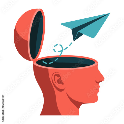 creative vector illustration of open human head releasing paper airplane symbolizing imagination and ideas