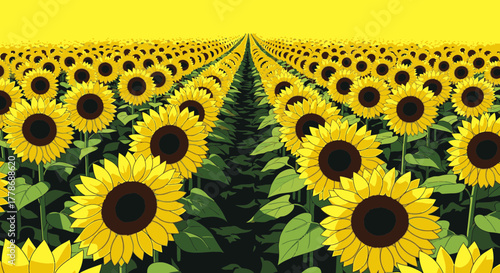 An endless illustrated field of vibrant yellow sunflowers arranged in perfect rows under a sunny sky.