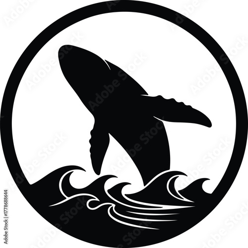 Vector breaching whale jumps out of the ocean water silhouette illustration