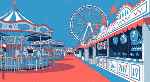 A stylized illustration of an empty amusement park with a carousel, Ferris wheel, and game booths.