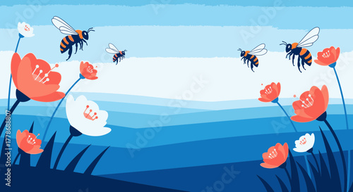 A stylized illustration of bees flying among red and white flowers against a layered blue landscape.