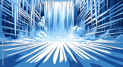 A dramatic, stylized illustration of a massive frozen waterfall cascading into an icy canyon with a dynamic perspective.