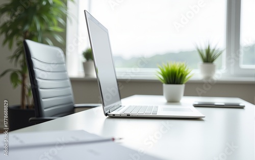 Wallpaper Mural White office desk with computer laptop, plant and document at modern office. High quality Torontodigital.ca