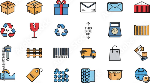 Colorful hand-drawn icon set for shipping logistics and e-commerce.