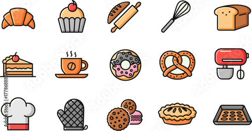 Colorful bakery and pastry shop icon set vector illustration.