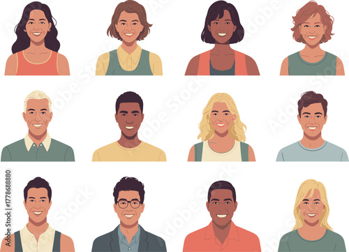 Set of Diverse Smiling People Avatars for Business Team or Social Media Profile Vector Illustration