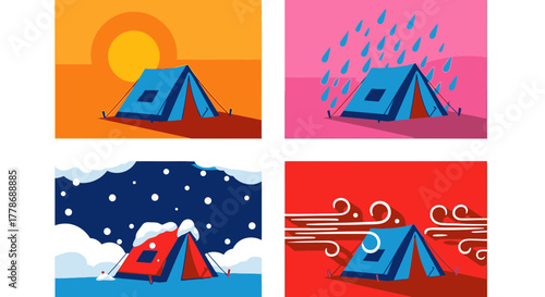A set of four illustrations showing a camping tent in different weather conditions: sunny, rainy, snowy, and windy.