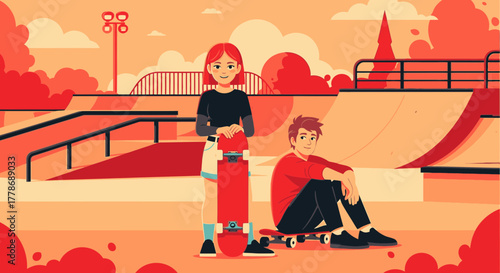 Vector illustration of a teenage boy and girl with skateboards relaxing at an urban skatepark.