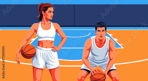Vector illustration of a male and female athlete in sportswear on a basketball court.