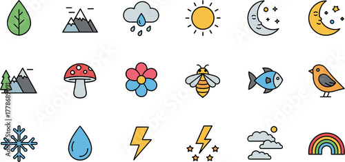 Colorful doodle icon set of nature and weather elements.