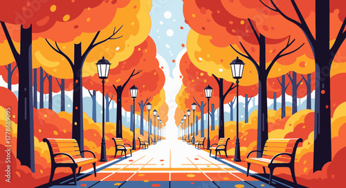 A picturesque park alley in autumn with vibrant orange trees, benches, and lampposts creating a vanishing perspective.