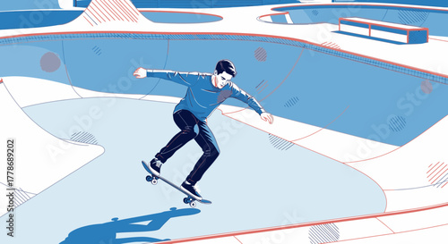 Stylized illustration of a young man skateboarding inside a concrete bowl at a skatepark.