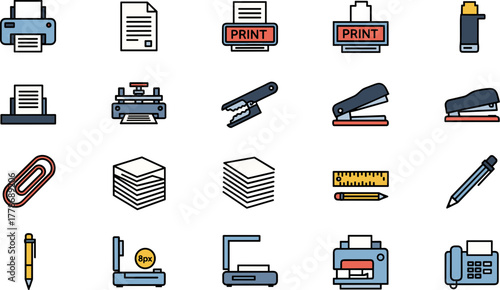 Colorful Vector Icon Set of Office Supplies and Printing Equipment.
